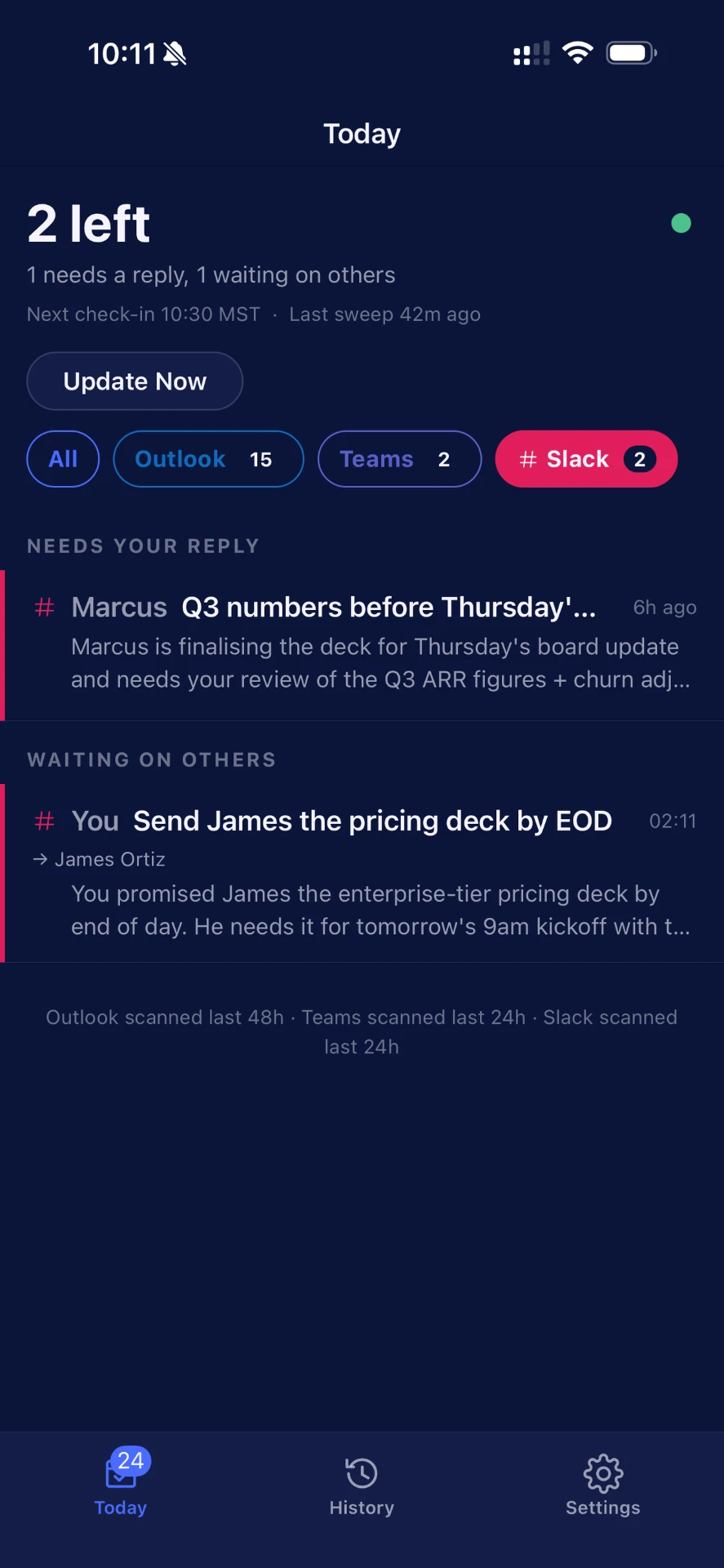 Confluo Today screen showing a daily briefing with items needing a reply